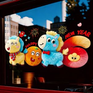 Miếng dán trang trí cửa kính Tết Happy New Year hình ngựa 3D 80x40cm decal tĩnh điện không keo