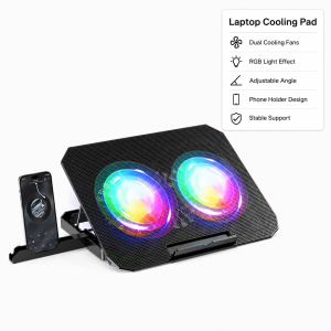 RGB Laptop Cooler Two Large Fan Cooling Pad Stand Adjustable With Phone Holder For 12-17 Inch Laptop