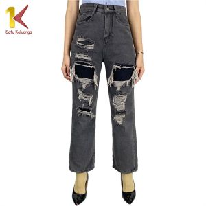 1K Celana Kulot Panjang Wanita Model Stretch Ripped Jeans Highwaist P614 Celana Denim Women Kekinian