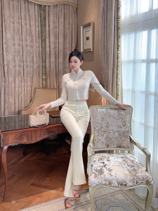 Quần jean dài nữ ống bass lưng cao 2 nút mẫu trơn co giãn mạnh