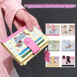 DYJKOUG Korean Style Embroidery Sausage Dog Wallet Purse Ultra Thin Card Bag Portable Cartoon Coin Pouch Women