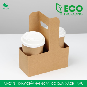 MKQ1N - 17.5x8x9 cm - Combo 20 Khay giấy 2 ngăn quai xách màu nâu siêu chắc hộp giấy 2 ngăn chống thấm đựng ly nước hoa và quà tặng