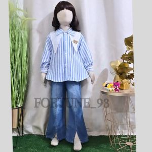 Setelan termurah anak perempuan bahan katun triset motif salur MM  usia 3 - 10 tahun set jeans anak kekinian model terbaru korean style  anak celana  jeans jubray belah depan  - COD