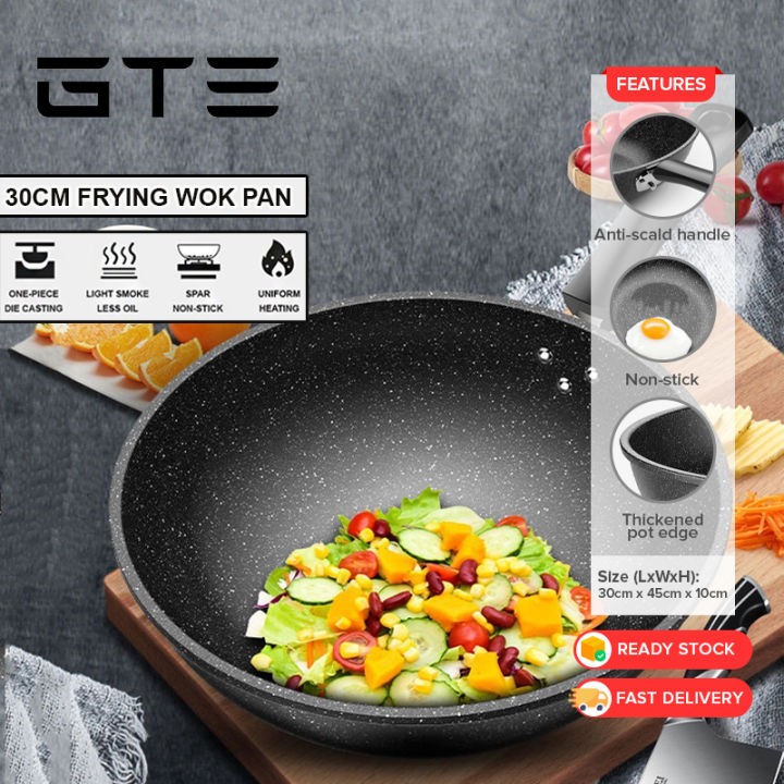 GTE 30cm Kitchen Non Stick Wok Frying Pan Oil Free Ultra Light Cooker Pot With Medical Stone Coated - Fulfilled by GTE SHOP