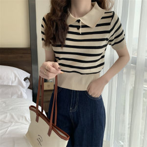 PM✿ Striped Short sleeved T-shirt Women Summer Korean Polo Collar Slim Fit Knitted Top