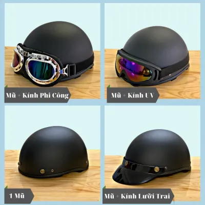 Mũ Bảo Hiểm Nửa Đâu Đen Trơn kèm Kính uv 7 Màu Hoặc Kính Phi Công Xịn Tùy Chọn