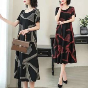 Retro Design Feel Large Size Dress Summer Round Neck Loose Reducing Age Casual Mid Length A-line Skirt