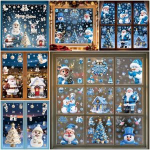 MODERNLUX Blue White Merry Christmas Window Stickers Cartoon Santa Claus Electrostatic Xmas Decorative Sticker Kawaii No Residue Christmas Static Decals Christmas Decor