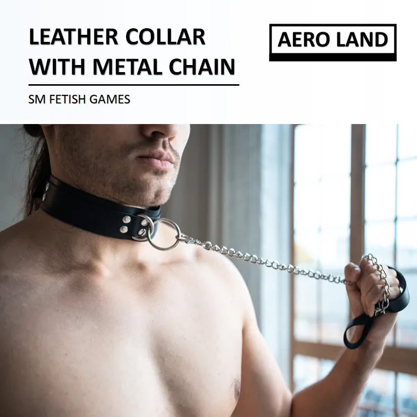 SM leather collar with metal chain leash wide solid choker with