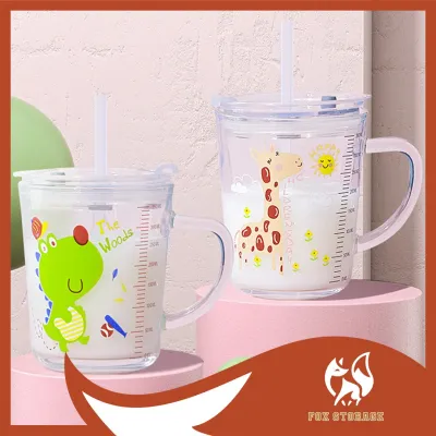 400ml Childrens Cartoon Random Animal Design Glass Mug With Straw Scale Glass Breakfast Milk Cup 儿童卡通随机动物设计玻璃杯吸管玻璃早餐牛奶杯 Kanak-Kanak Kartun Haiwan Rawak Reka Bentuk Kaca Cawan dengan Jerami Kaca Skala Sarapan Susu Cawan