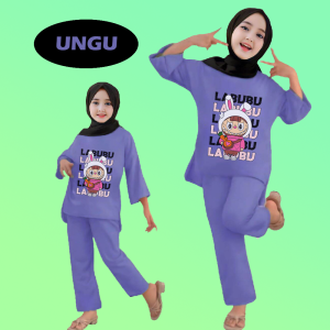 LABUBU LOVE TUNIK ANAK PEREMPUAN 3-12 TAHUN SETELAN MUSLIM ANAK BAHAN KATUN BABY TERRY