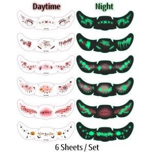 FONESH 6 Sheets Long Lasting Fluorescence Halloween Makeup Stickers Body Art Waterproof Bloodstain Blush Stickers Bat Cute Freckle Tatto Stickers Adults Children Use