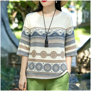 Vintage Ethnic Shirt For Women Barong Tagalog 2026 Crew Neck Bohemia Clothing Traditional Festive Wear Plus Size Casual Long Sleeve Shirt