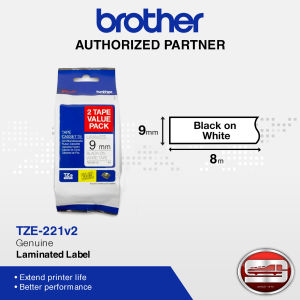 Brother Genuine Laminated Label TZe-221V2 9mm (0.35") Black on white Tape for P-Touch 8m (26.2 ft)