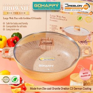 Panci Kuali Wok Pan Paling besar 32cm bonus tutup kaca Greblon Panci Gohappy Germany Granite STRONG - BROWNIE COLOR