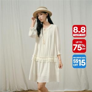 Giordano Women Tie neck ruffle collar 3/4 sleeve midi dress Free Shipping 18466526