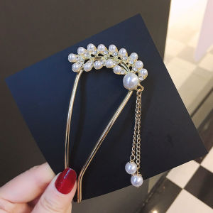 Jepit Rambut Korea Bahan Alloy 10.5cm Aksen Mutiara Permata dengan Rumbai Tusuk Konde TKAJ002