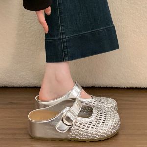 Free Shipping Thick-Soled Closed-Toe Mules For Women Summer Outdoor Wear 2026 New Style Woven Hollow-Out Slip-On Sandals With Internal Height Increase