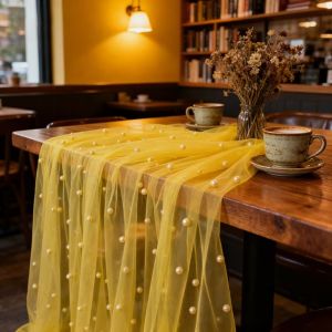 MILDGLOW Pearl Chiffon Fabric Pearl Chiffon Table Flag Semi Transparent 75×300cm/75×100cm Pearl Tulle Table Runner Wedding Arch Gauze Mesh Table Cloth Outdoor Wedding
