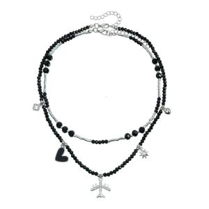 Stylish Gothic Plane Pendant Necklace with Black Beaded Charm Spikes Designs and Crystals Accent for Trendy Women