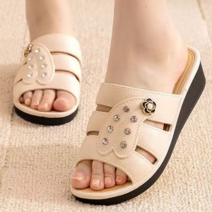 [Free Shipping] WomenS High-Heeled Slippers 25 New Summer Model Wedge Heel Ultra-High Heel Thick Sole Hollow Design Non-Slip Fashionable Mom Slippers