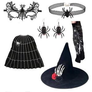 Witch Dress up Outfit for Girl Kid Halloween Cosplay Party Witch Hat Witch Cloak Eyemask Necklace Earrings Stockings