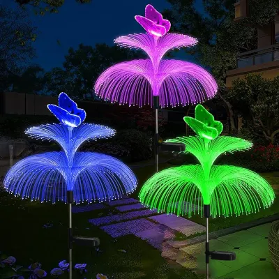 HOMEMORY 7 Colors Solar Double Jellyfish Light Garden Lights LED Fiber Optic Lights Outdoor Waterproof Decor Lamp
