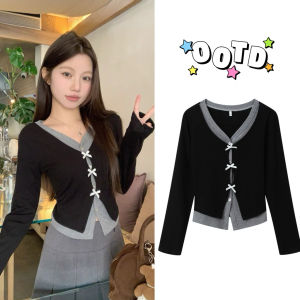 Jenny พร้อมส่ง🖤🐰เสื้อยืดแขนยาวทรงครอป ดีไซน์เก๋เก๋ เสื้อเชิ้ตรัดรูปสองชิ้นติดกัน สายโพกาดอท สไตล์เกาหลี แฟชั่นผู้หญิงY2K