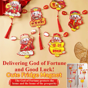 Cute God of Wealth Fridge Magnet Traditional Cartoon Hanging Pendent with Tassels Festive 3D Refrigerator Sticker for New Year