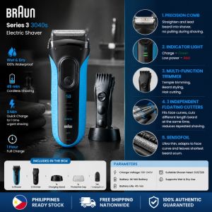Braun 3040s Electric Shaver - Floating Cutters Wet/Dry Use 5Min Flash Charge Multi-Function Trimmer