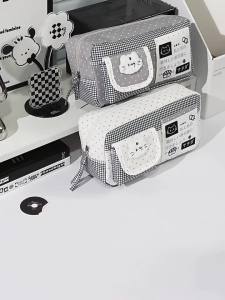 Korean Style Cat Pencil Case Black and White Grid Design & Towel Embroidery Suitable for Back-to-School Gifts & Anniversary Gifts