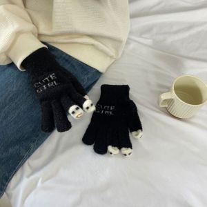 YHDFX หน้าจอสัมผัสหน้าจอ ถุงมือถักกำมะหยี่ แพนด้าแพนด้าแพนด้า อบอุ่นและอบอุ่น ถุงมือขนปุย น่ารักมากๆ ผ้าขนสัตว์ขนแกะ ถุงมือกำมะหยี่น่ารัก สำหรับผู้หญิง
