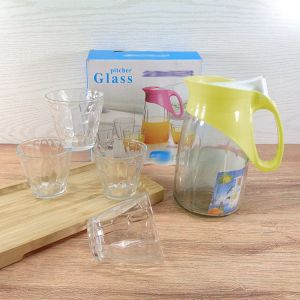 Pitcher Teko Set Drink Set Kaca isi 5 pcs Water Set Kimglass Ketel Riak Jug Glass Tutup Dan Handle
