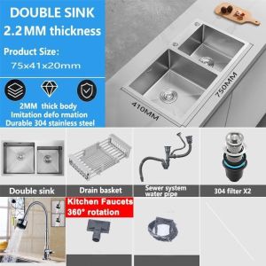 Thickened double kitchen sink SUS304 stainless Steel Free Drain&Basket complete set 2mm