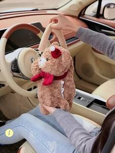 Cute Cartoon Bear Cub Hanging Car Tissue Holder High-End Pull-Out Napkin Dispenser Decorative Auto Interior Organizer