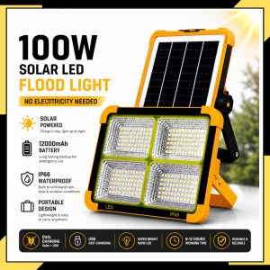 IP66 100W Solar LED Flood Light | 12000mAh Battery | Dual Charging (Solar + USB) | Portable Emergency Light