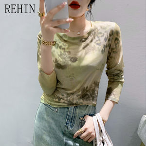 REHIN New slim and fashionable ombre mesh floral printed round neck long sleeve T-shirt sun protection elegant blouse for women