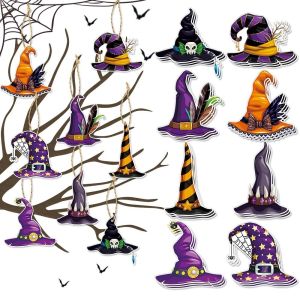 BABYBANG 8Pcs Hài Hước  dây chuyền mũ phù thủy treo Halloween Trang trí Giấy Treo mũ phù thủy Độc đáo Tự làm Thẻ treo Halloween Dành cho gia đình