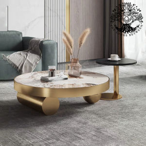 Bàn trà sofa bàn phòng khách bàn cafe nội thất nhập khẩu mẫu bàn đôi mặt tròn trụ bóng phủ inox gold phay xước