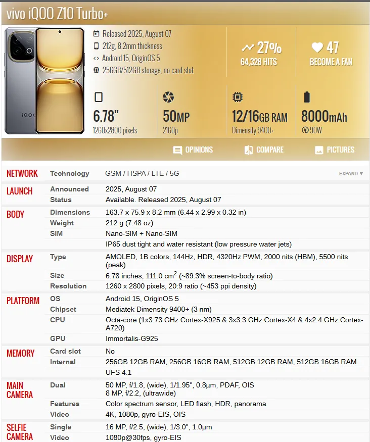 vivo iQOO Z10 Turbo+ 6.78 inches Mediatek Dimensity 9400+ (3 nm
