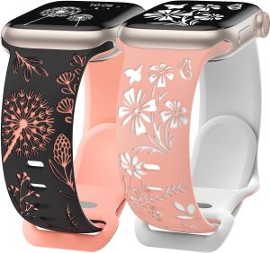 Wearlizer 2 Packs Floral Engraved Compatible with Watch Bands Women Cute Two-Tone Soft Silicone Strap for iWatch Series 11 10 9 8 7 6 5 4 3 SE/Ultra 3 2 1 38/40/41/42/44/45/46/49mm