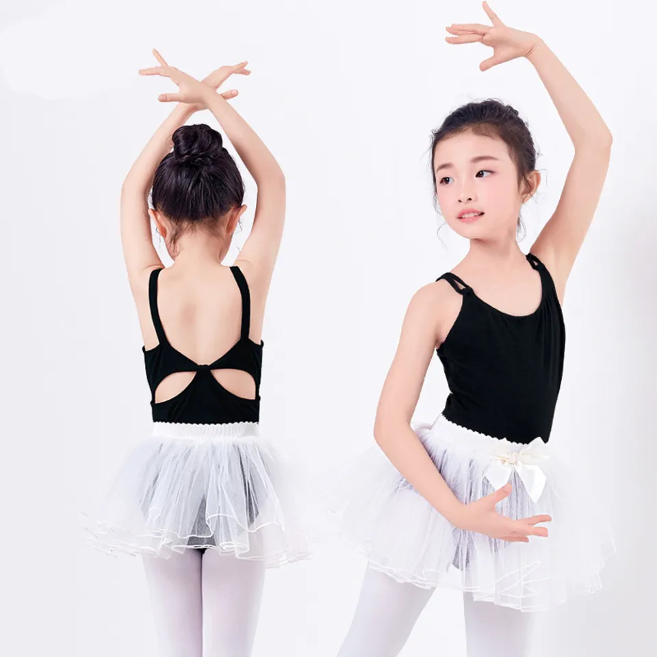 LOlanta 2PCs Kids Baby Girls Black Leotard White Tutu Skirt Set Children  Ballet Dress Gymnastics Dance Class Practics Performance Strap Bodysuit