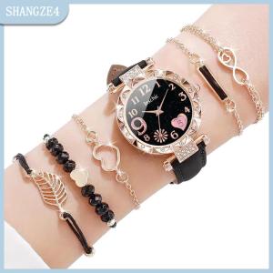 【SHANGZE4】 6 cái bộ của phụ nữ xem hoa giản dị thạch anh xem PU da cổ tay xem Vòng đeo tay kết hợp bộ đồ trang sức quà tặng cho phụ nữ cô gái