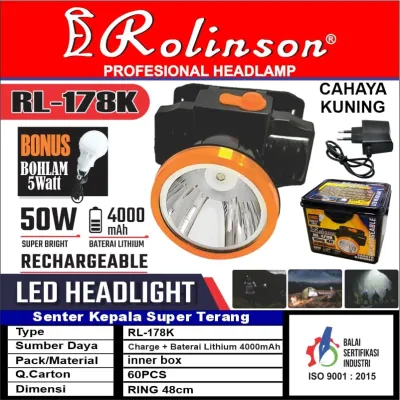SENTER KEPALA 50WATT ROLINSON CAHAYA PUTIH RL-178P / CAHAYA KUNING RL-178K RECHARGEABLE BONUS BOHLAM 5WATT / MS-222P Cahaya Putih (bonus lensa kuning)