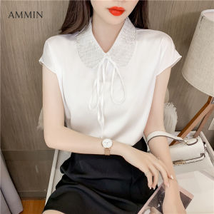 AMMIN เสื้อสตรีปักลายลูกปัดหวานๆสไตล์ฝรั่งเศสเสื้อเบลาส์ผ้าชีฟองแขนสั้นผูกโบว์ตุ๊กตาปักลายลูกไม้สีขาวหรูหราแนวเกาหลีฤดูร้อนปี2021
