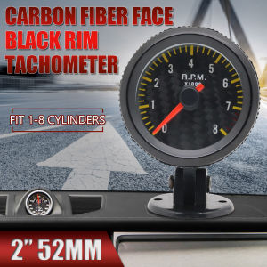 2" 52mm Auto Car Tachometer gauge analog Carbon Fibre Face 0-8000 RPM White Background Light Black Bezel