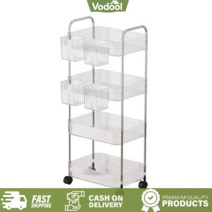 [VSC] 4 Layer Rolling Trolley Storage Rack with Hanging Basket Mobile Storage Shelf Transparent Bathroom Shelf for Bedroom Living Room