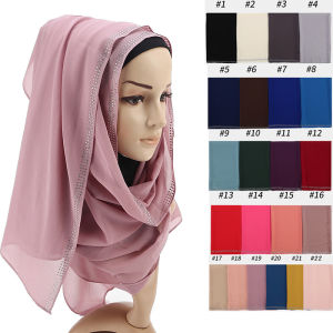 Jifang High Quality Shiny Hot drilling Crystal Rhinestones Plain Bubble Chiffon Muslim Hijabs Shawls Headscarf Scarves Turban Scarf Headwraps WJ238