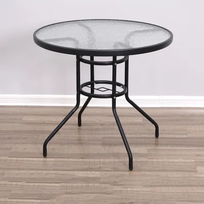KIMDELIN Outdoor Coffee Table Patio Round Bistro Table Metal Frame Tempered Glass Top for Balcony Backyard Lawn Balcony Pool