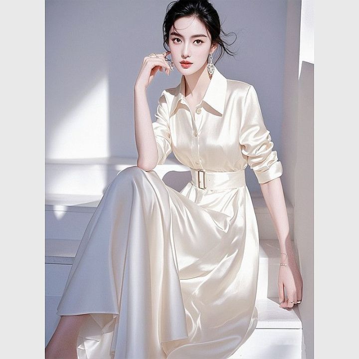 White satin shirt dress women's 2025 early spring new high-end French  professional long skirt Lazada PH